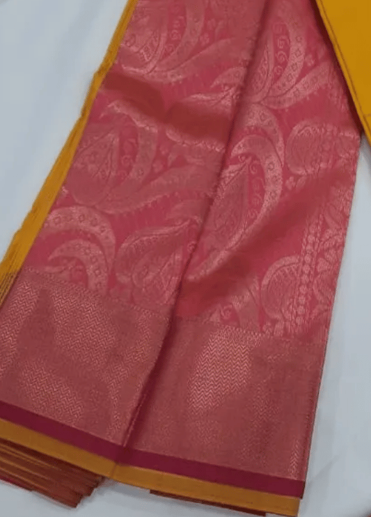Women Semi Pattu Saree Silk Blend Saree deep yellow color saree with pink color pallu and blouse view 2