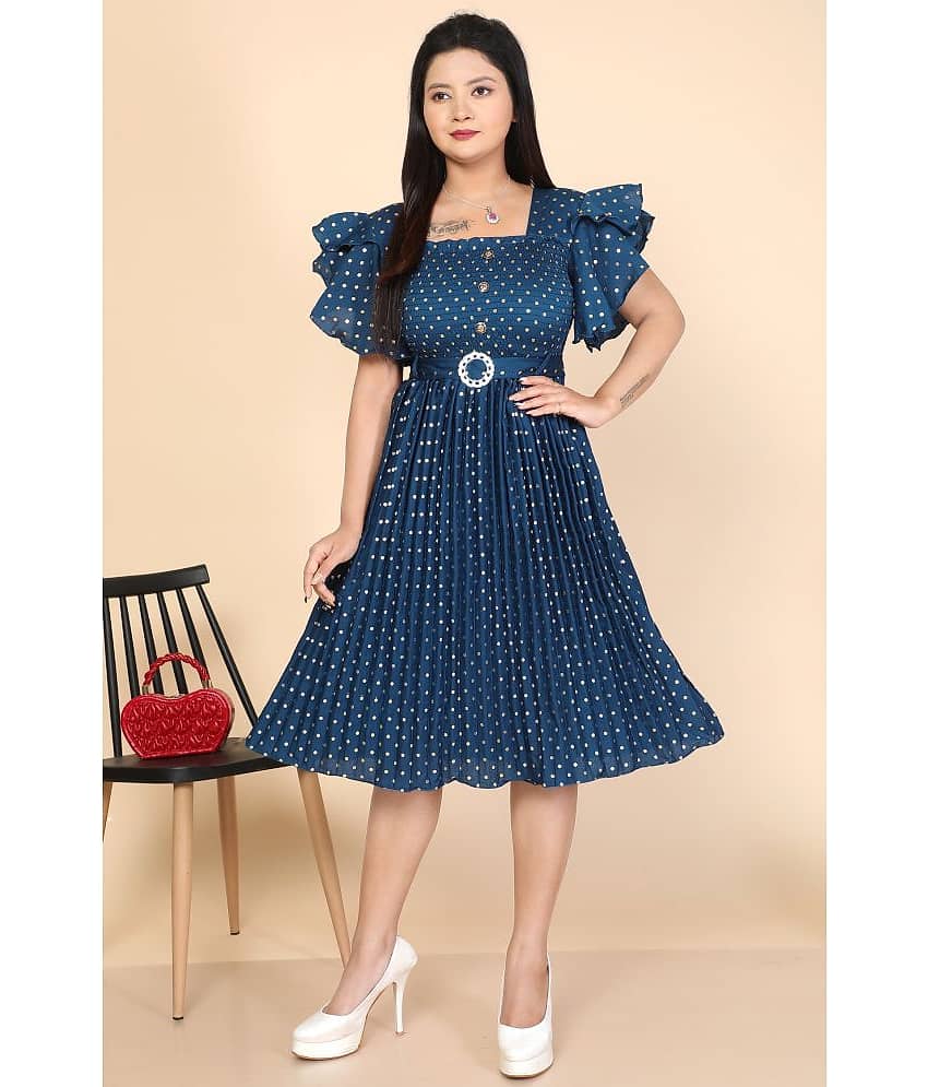 NEWSIFA Women Cotton Blend Printed Fit & Flare Dress ( Blue )