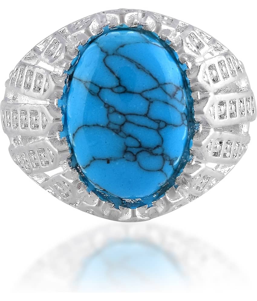 Silver-Plated Oval Blue Turquoise (Firoza) Handcrafted Design Ring view 2
