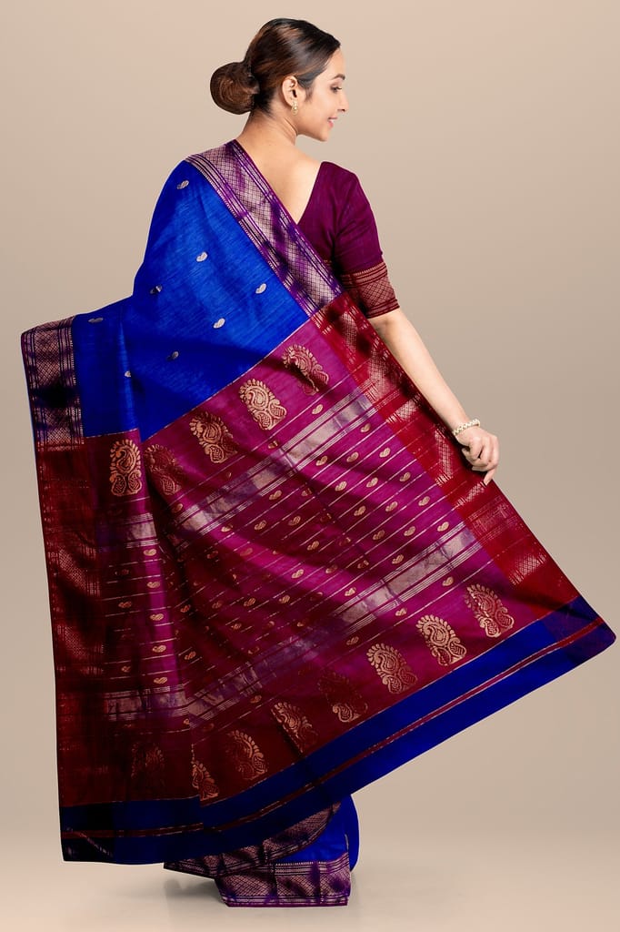 Blue Carry Buti Handwoven Sausar Silk with Zari Border and Floral Buta Marron Palla Saree SKU-BS10121 view 2