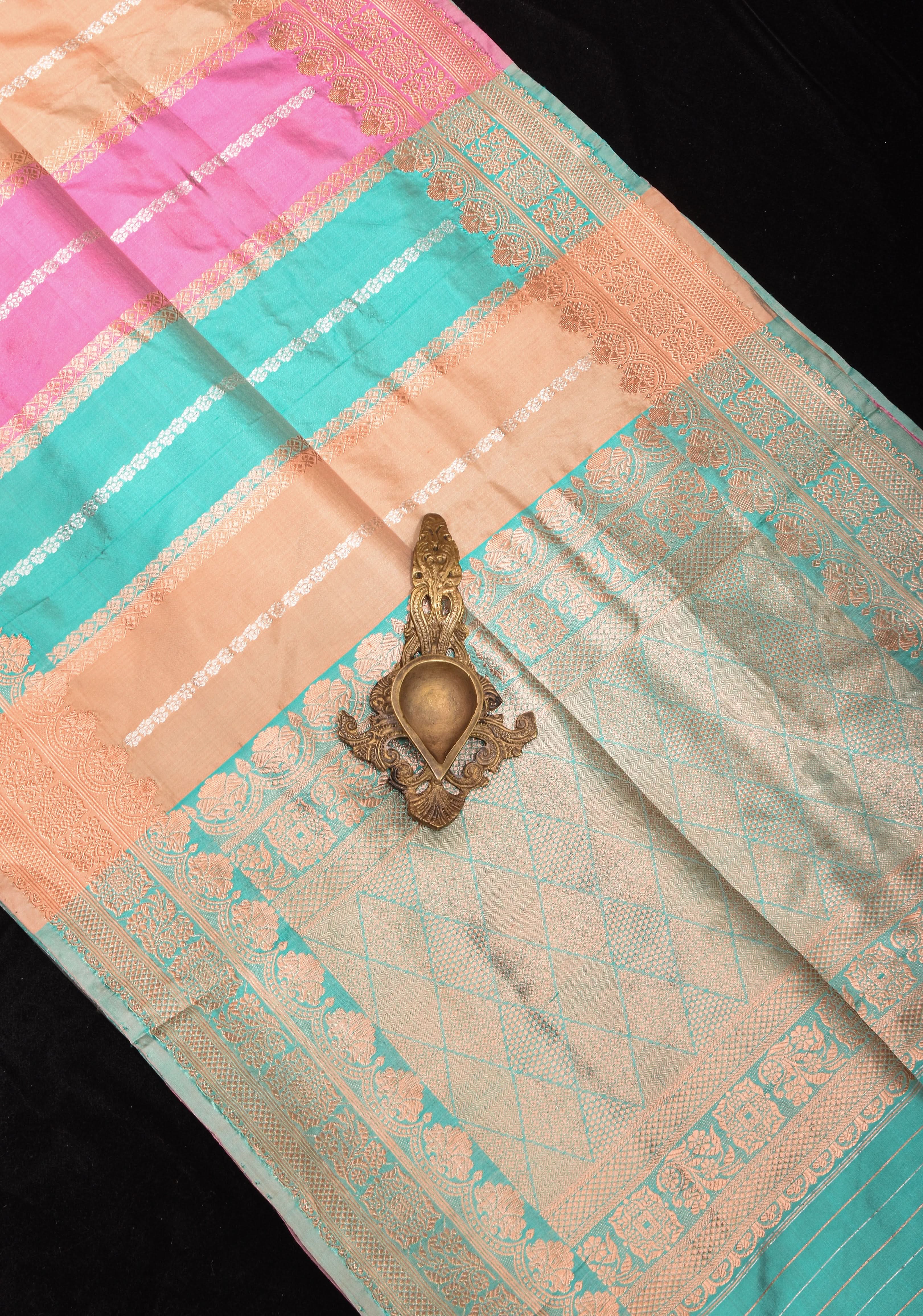 Pastel Multicolor Banarasi Katan Silk Saree with zari stripes and floral border | SILK MARK CERTIFIED view 2