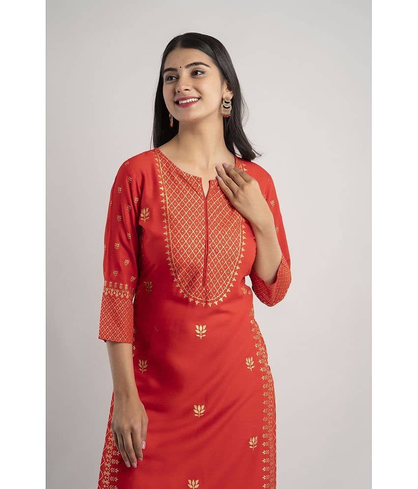 MAUKA - Red Rayon Women's Straight Kurti ( Pack of 1 ) view 2