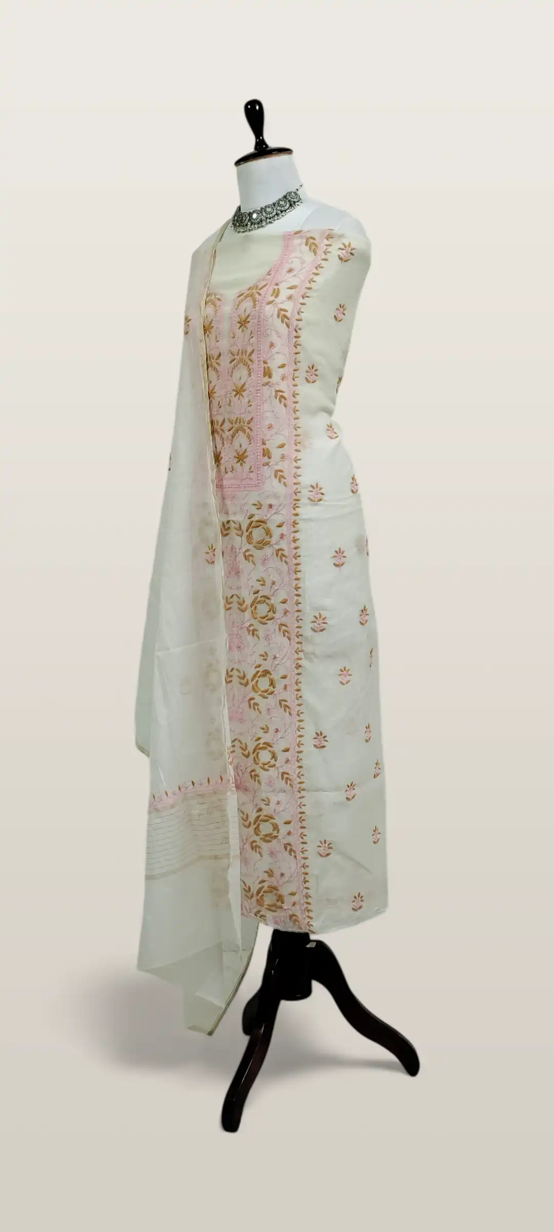 Chikankari Mul Chanderi Pink Mustard Floral Dress Material view 2