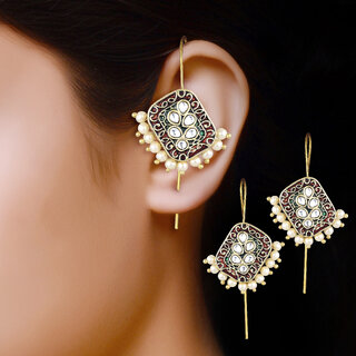 Vivastri Enamelled Polki Kundan Gold Plated Pearl Alloy Ear cuff,Cuff Earrings for Women & Girls - VIVA2811ERG view 2