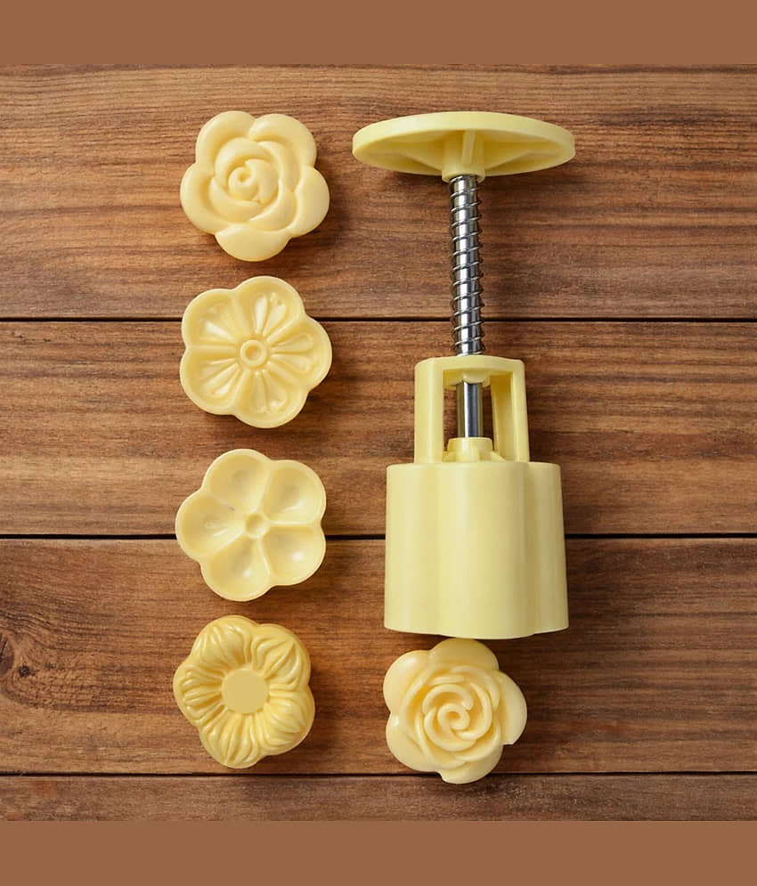 Moon Cake Mold 5 Pcs, Mid Autumn Festival DIY Hand Press Cookie Stamps Pastry Tool Moon Cake Maker, Flower Mode Patterns 1 Mold 5 Stamps 50g (White) view 2