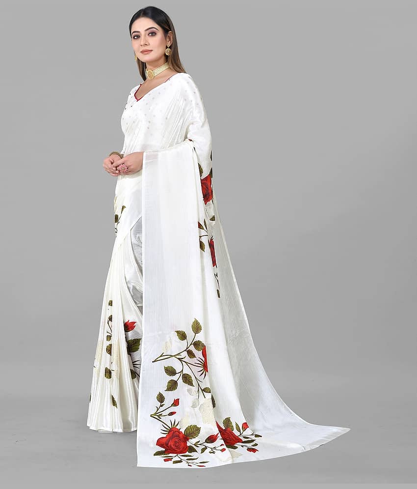 BLEESBURY Chiffon Printed Saree With Unstitched Blouse Piece ( Off White ) view 2