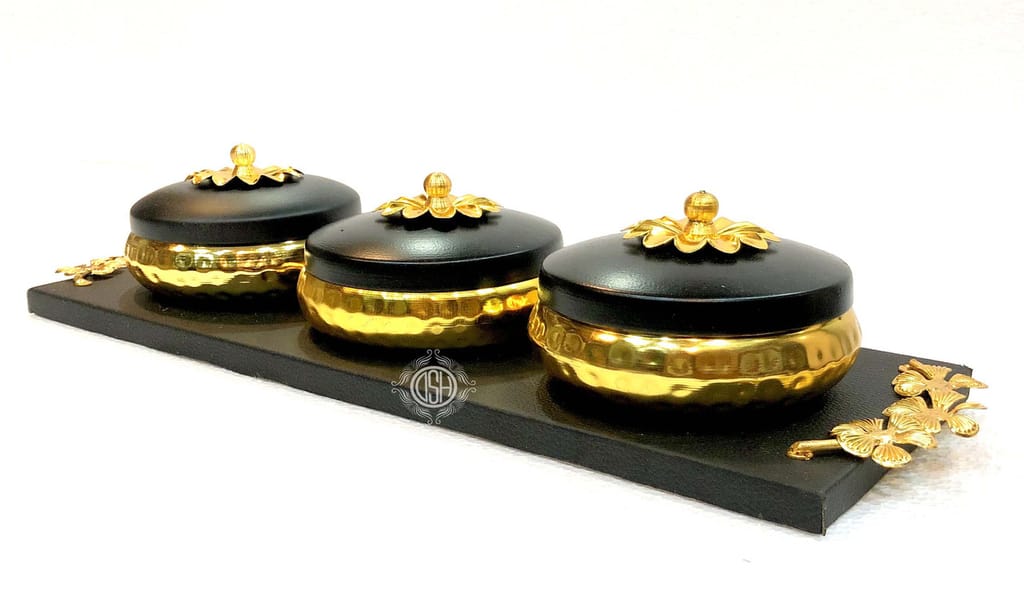Handcrafted Serving (Snacks, Dry Fruits) Home/Kitchen Handcrafted Wooden Tray/Platter with Serving Pots (Set of 4 pots) view 2