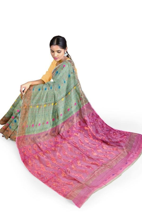 Green And Pink Resham Handloom Jamdani Saree view 2