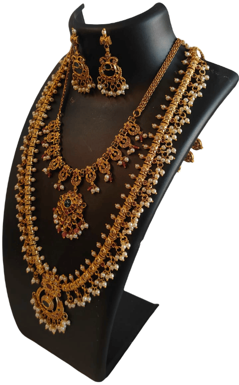 Traditional South Indian Gold-Plated Jewelry Set with Long Floral Chain, Pearl Drops, Double Pendant Necklace, Earrings for Women view 2