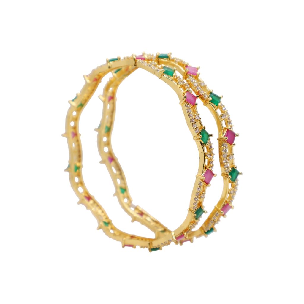 Gold Plated CZ Stone Bangle with Pink & Green Square-Cut Stones – Dual Layer Designer Kada view 2