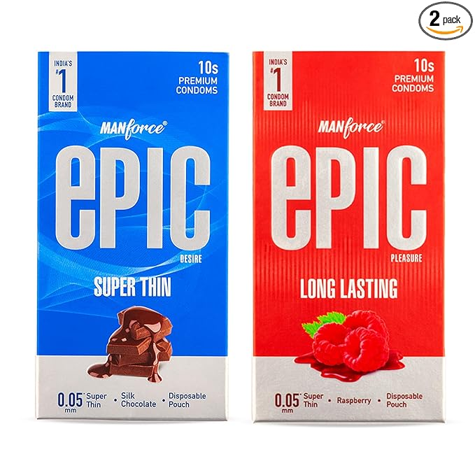 Manforce Epic Flavoured Condoms For Men (Desire Super Thin Silk Chocolate & Pleasure Long Lasting) With Disposable Pouch 10s (Pack of 2)