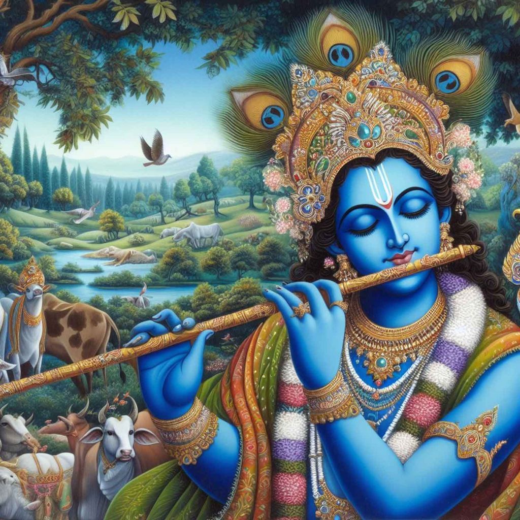 KRISHNA PLAYING FLUTE 24in X 24in WITH BLACK FRAME view 2