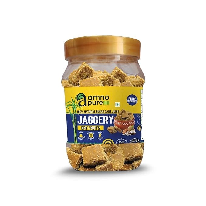 Amno Pure Natural Sugar Cane Jaggery 30G Square with Assorted Dry Fruits | Cholestrol free, Enriched with Dry Fruits, Full of NUTRIENTS & Ayurvedic and 100% Natural 450G Pet Jar