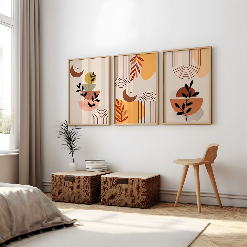 Rustic Charm Set of 3 Boho Wall Art for Living room, Bedroom, Office and Hotel | Mid Century Floral|9 x 13 inches (A4)|Beige view 2