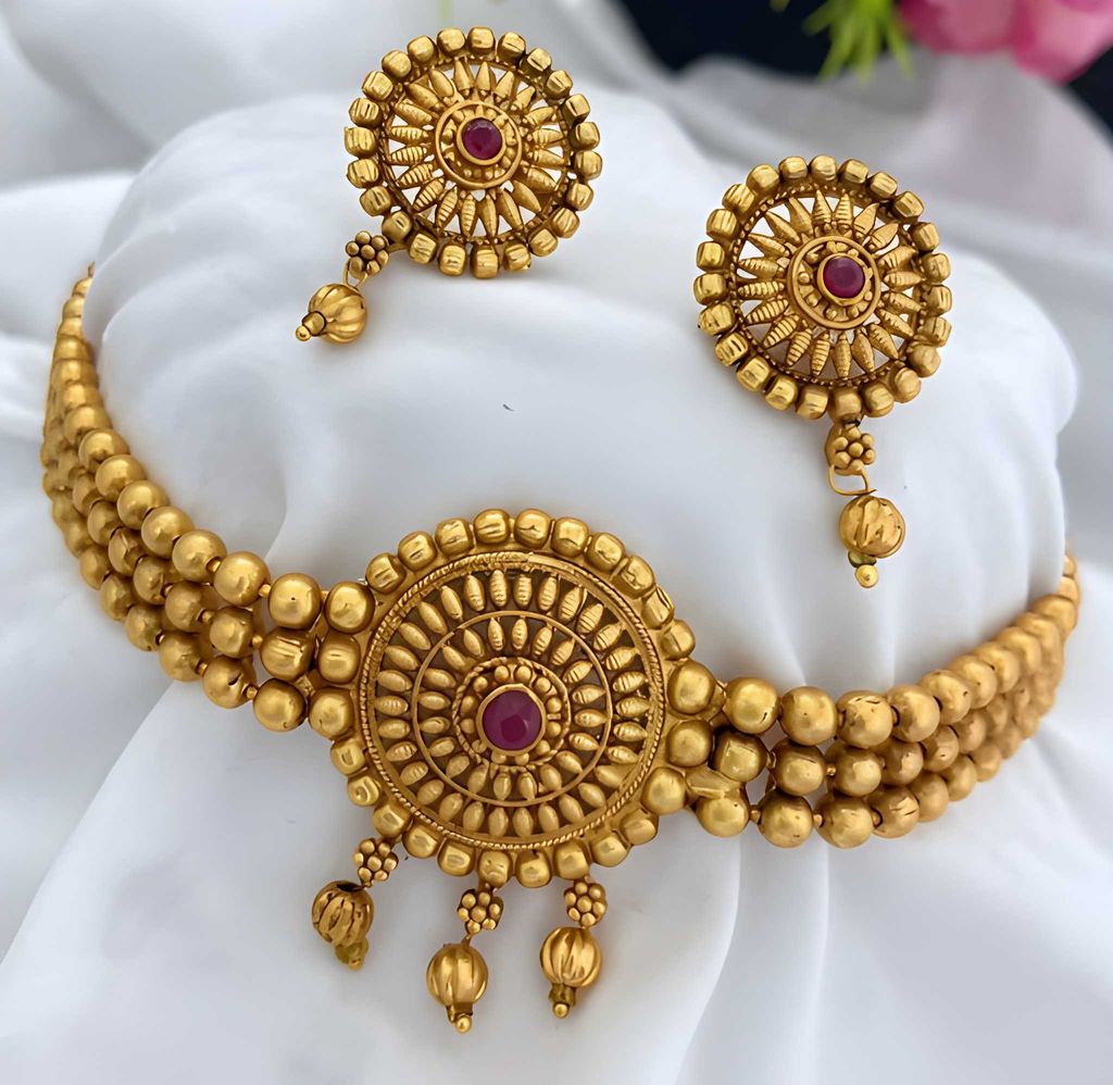 Gold Plated Chick Set Round Necklace Set with Matching Earrings for Women Traditional Ethnic Jewellery for Wedding Party Festive Wear