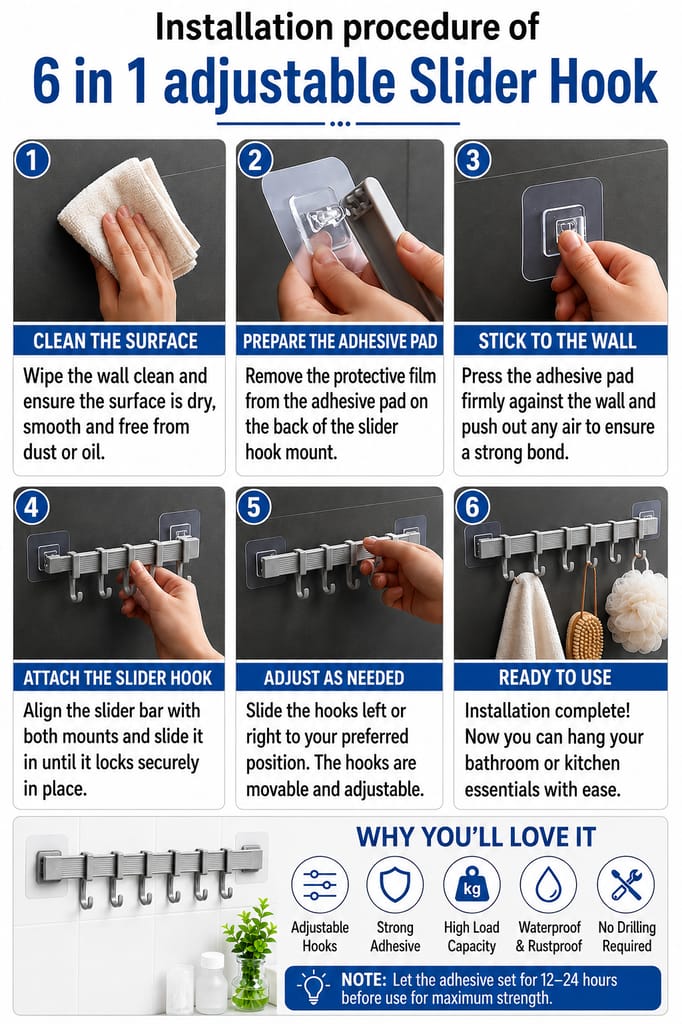 6-in-1 Adjustable Slider Hook | Self Adhesive Multipurpose Wall Hanger view 2