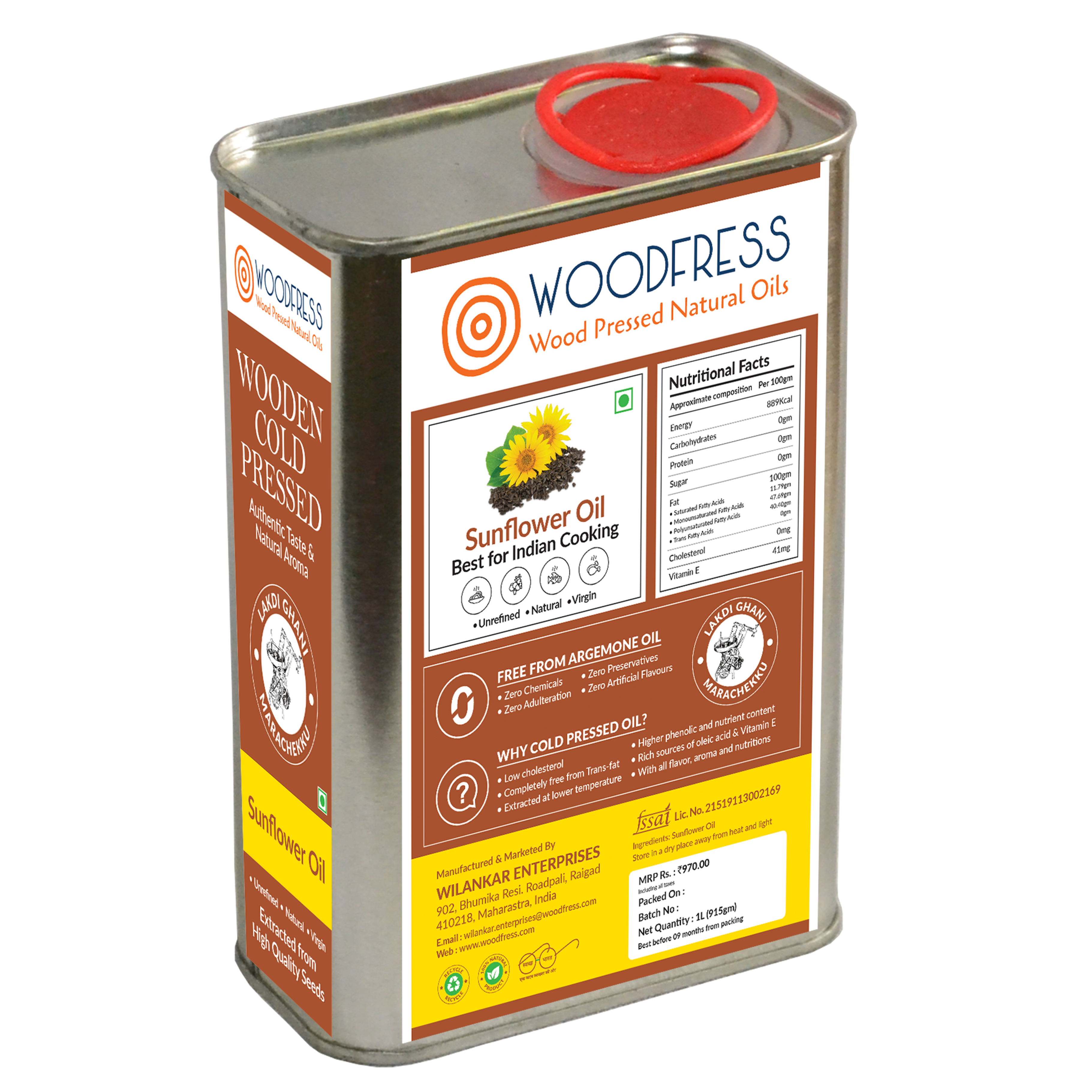 WOODFRESS Pure Wood Pressed, Cold Pressed Sunflower Oil - 1 Litre | Unrefined, Natural Cooking Oil | Pressed from 4kg Sunflower Seeds, Metal Tin 1L view 2