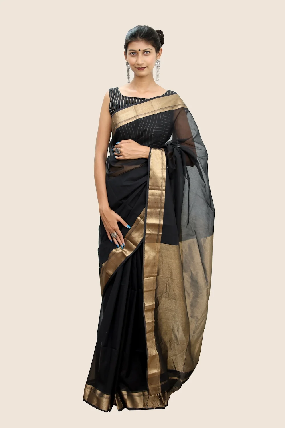 Attractive Maheshwari handloom Tissue Saree with Tassels – Royal Black