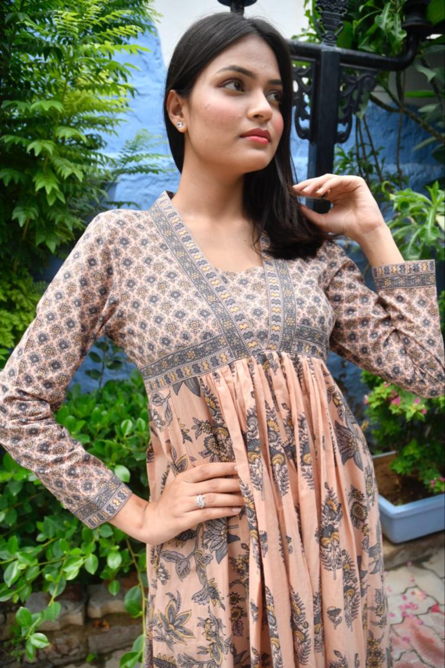 Hand Block Blush Floral Anarkali Kurta handblocked view 2
