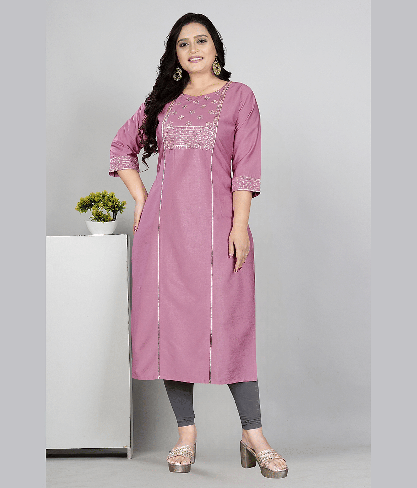 RIAANA Women Cotton Silk Zari Embroidered A-line Kurti ( Pink )