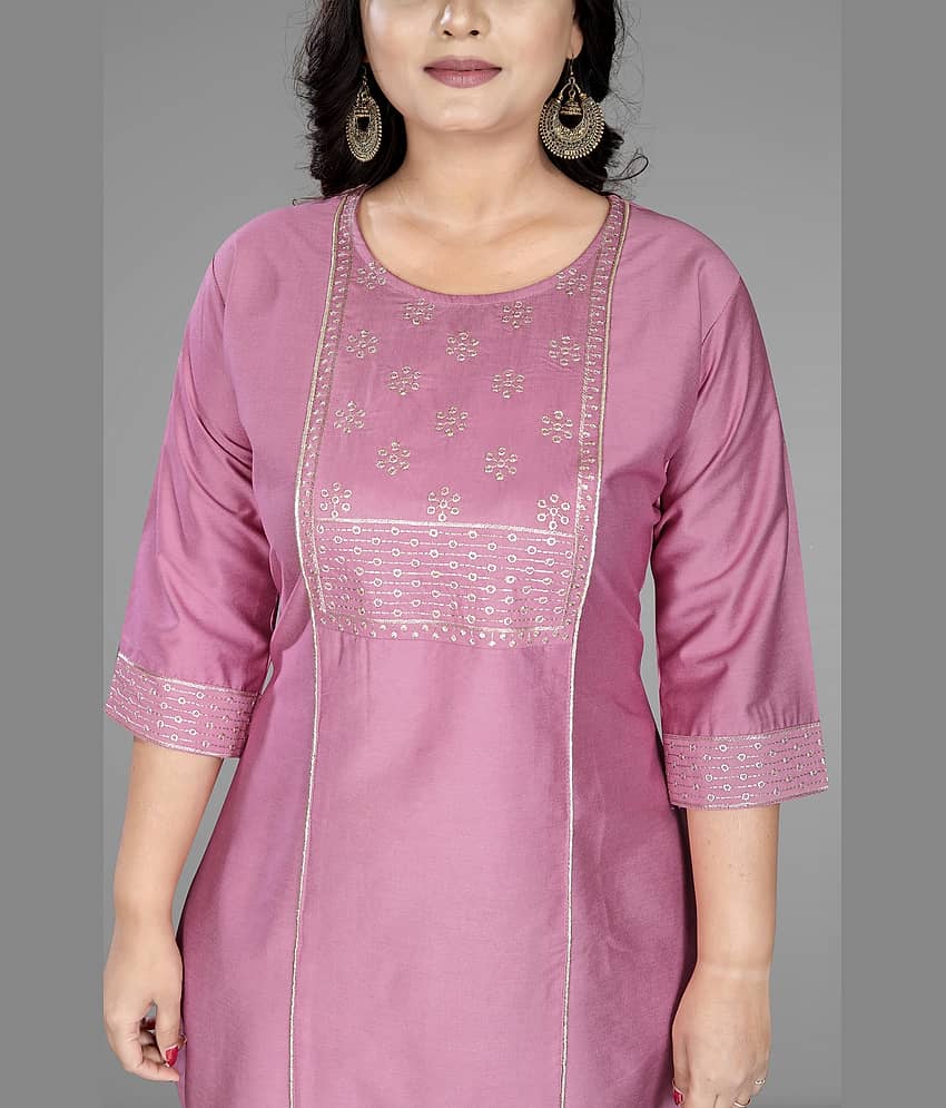 RIAANA Women Cotton Silk Zari Embroidered A-line Kurti ( Pink ) view 2