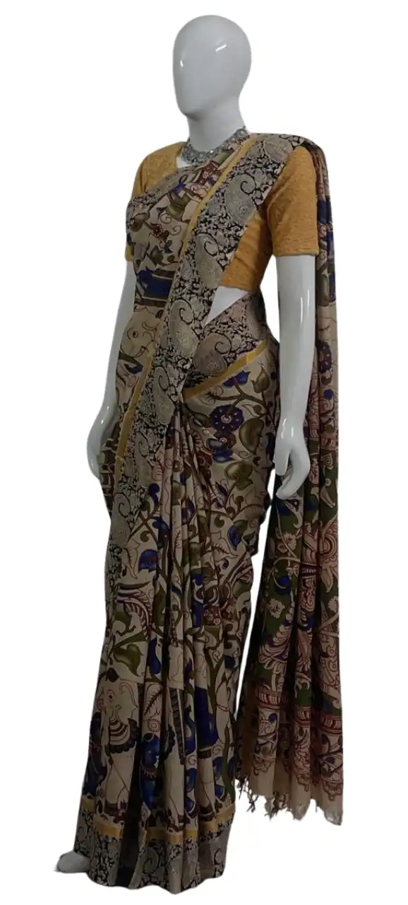 Kalamkari Mangalgiri Silk Cotton Saree Cream Multicolor view 2