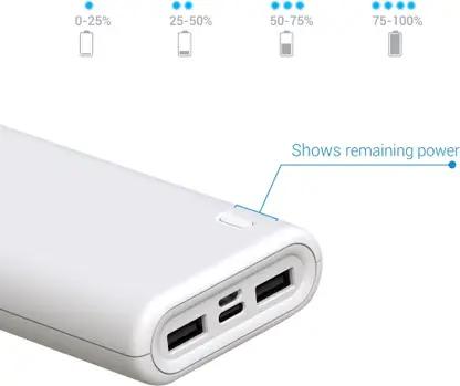 Portronics Indo 20X , 20,000mAh Power Bank with LED Indicator, 2.0A Dual Input (Type C + Micro USB) and Dual USB Output (2.1A + 1.0A) for All Android and iOS Devices (White) view 2
