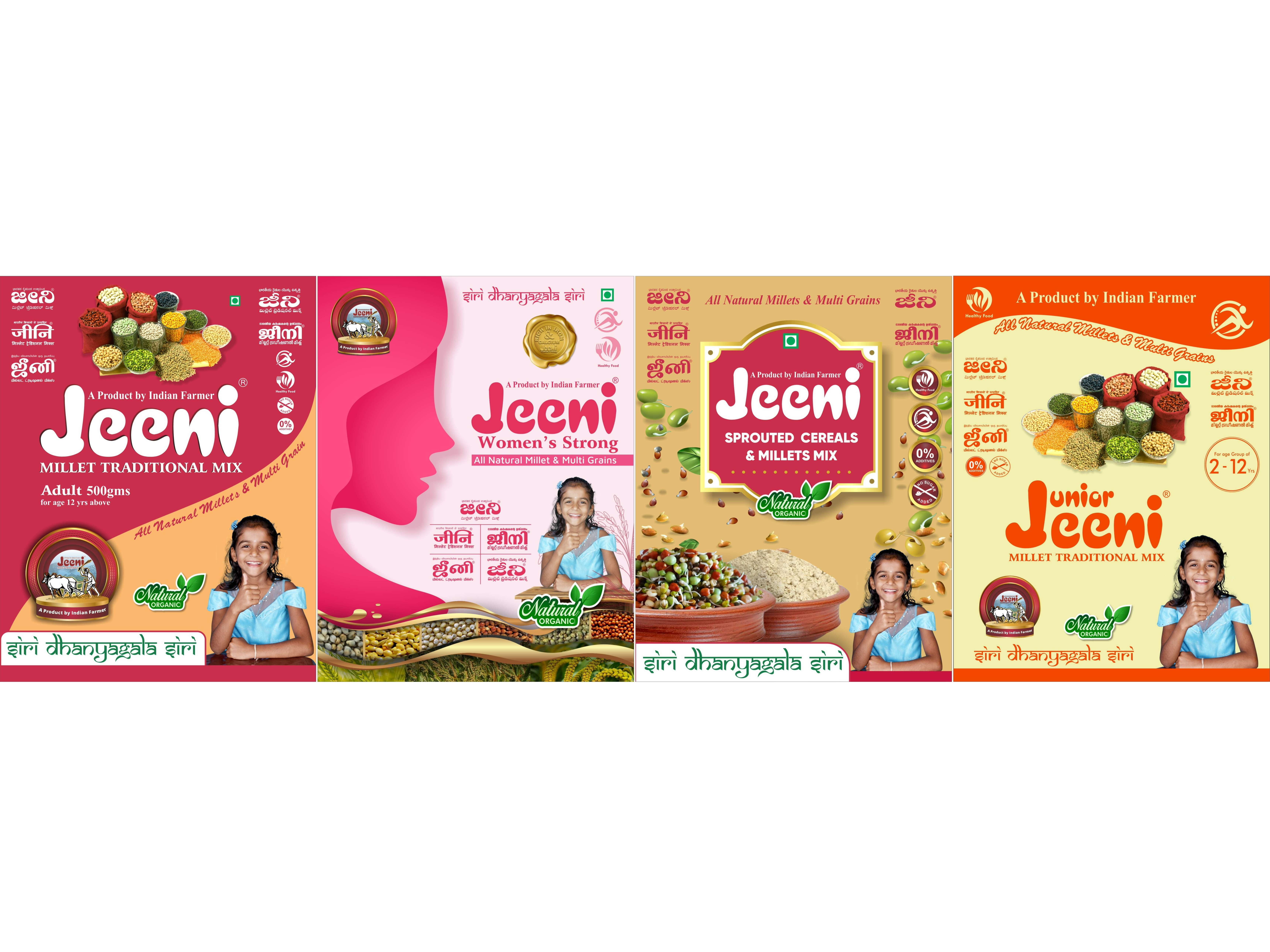 Jeeni Combo Pack of 4 Millet Traditional Mix Adult (1 kg) and Womens Strong (1 kg)And Sprouted Cereals & Millet Mix (1kg)And Junior Millet Mix(500 g)