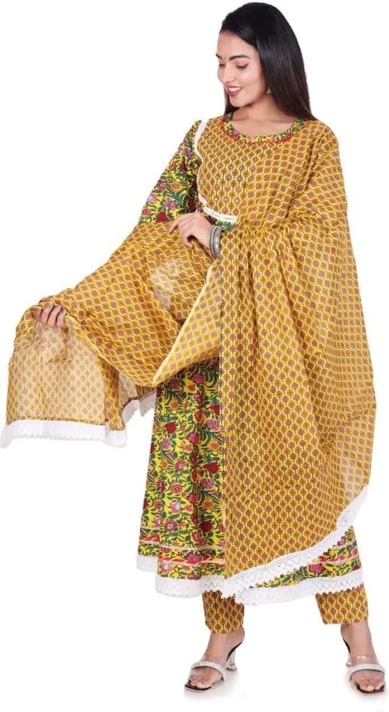 MANMAYEE Women's Badala Work On Yoke Cotton Kurti With Pant & Dupatta | Flared Kurti Set view 2
