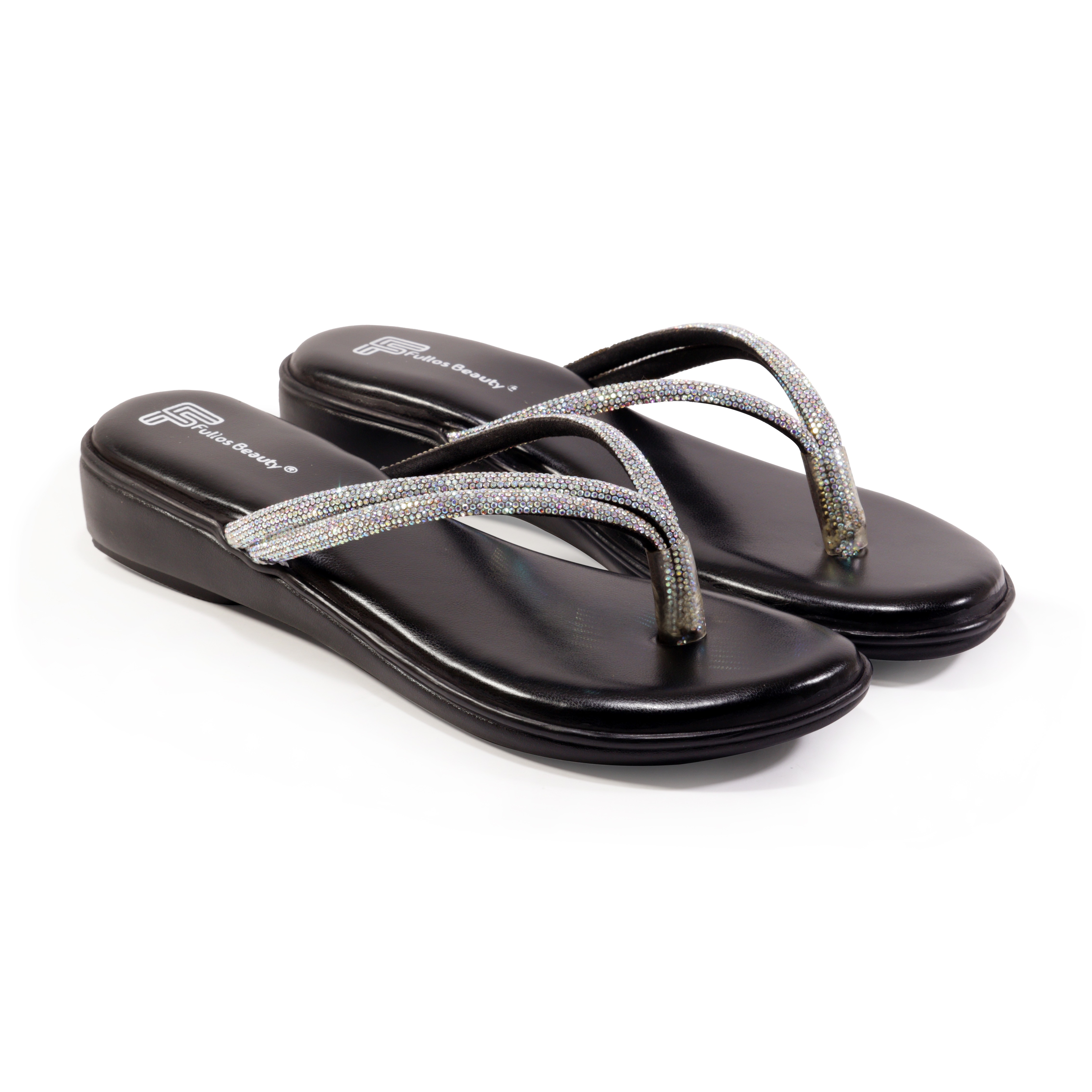 Fullos Beauty Women’s Orthopedic Comfort Slippers with Rhinestone Straps, Stylish and Durable Flip-Flops Black view 2