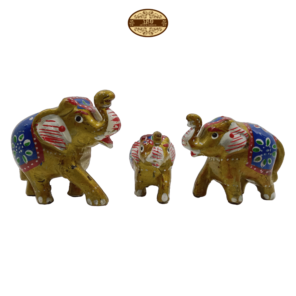 Handcrafted Paper Mache Elephant Family Figurines, Set of 3, Golden Colour view 2