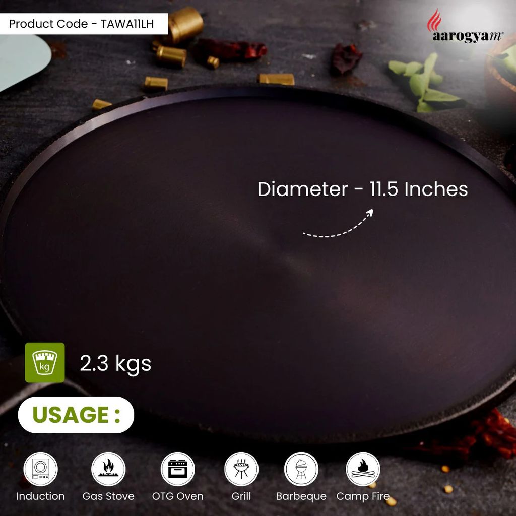 Aarogyam 11 Inch Induction Friendly Pre-seasoned Cast Iron Long Handle Tawa, Naturally Nonstick, Induction Friendly view 2