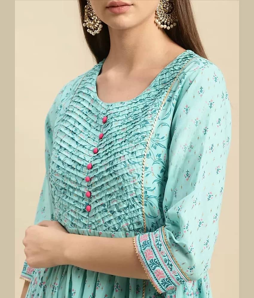AMIRA'S INDIAN ETHNICWEAR Pack of 1 Cotton Printed Anarkali Women's Kurti - ( Aqua Blue ) view 2
