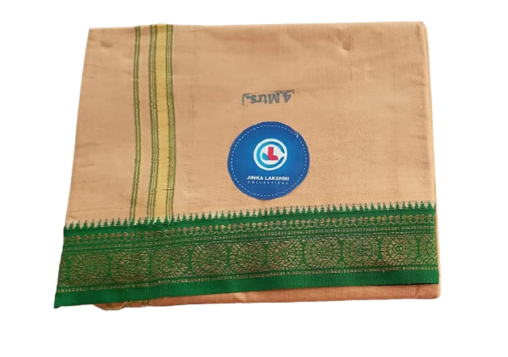 Jinka Lakshmi Collections 100% Handloom Cotton Biscuit Color Dhoti With Zari Border Up and Down 4 Meters Unstitched Pack of 2 (Multicolor-1) view 2