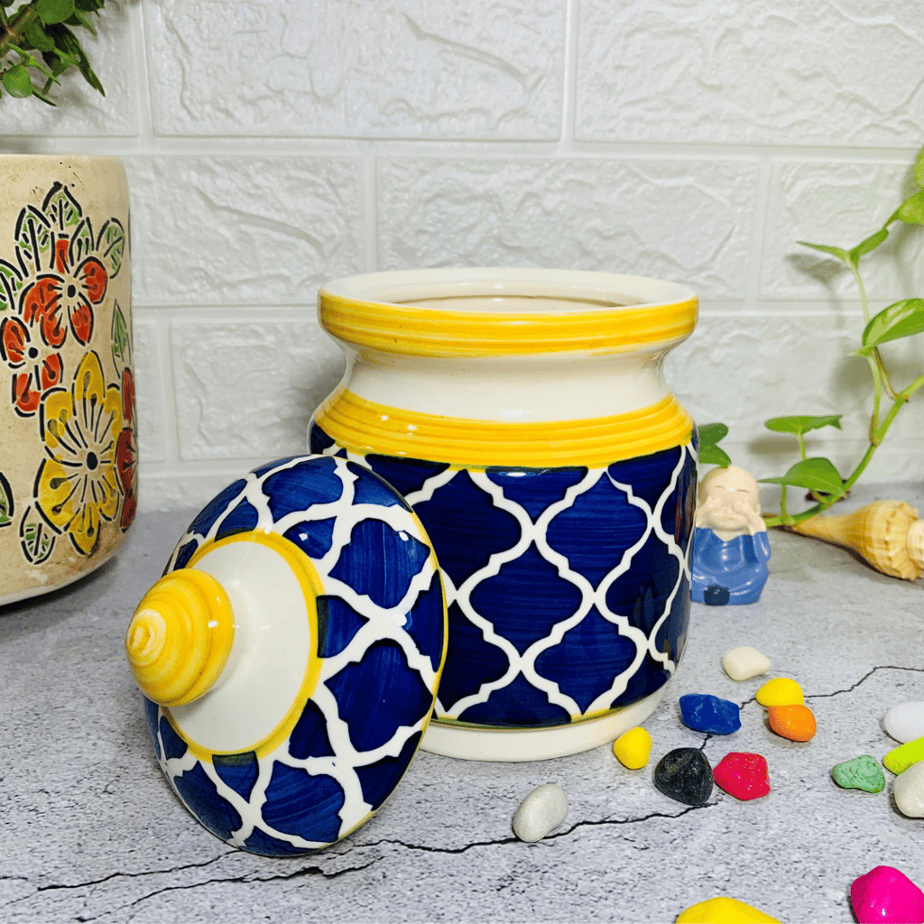 Homefrills Multi-Utility Storage Ceramic Jar & Container with Lid/Achar Barni for Storage of Achar/Snacks /Pickle/cookies etc. (1 jars with Lid )Colour-Blue & Yellow Capacity-1000 ml/1 KG(approx) view 2