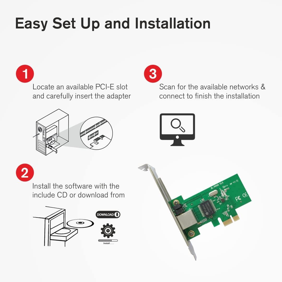 PCI Express LAN Card Network Adapter | 10/100/1000 Mbps, Wake on LAN, RJ45 Port for Windows view 2