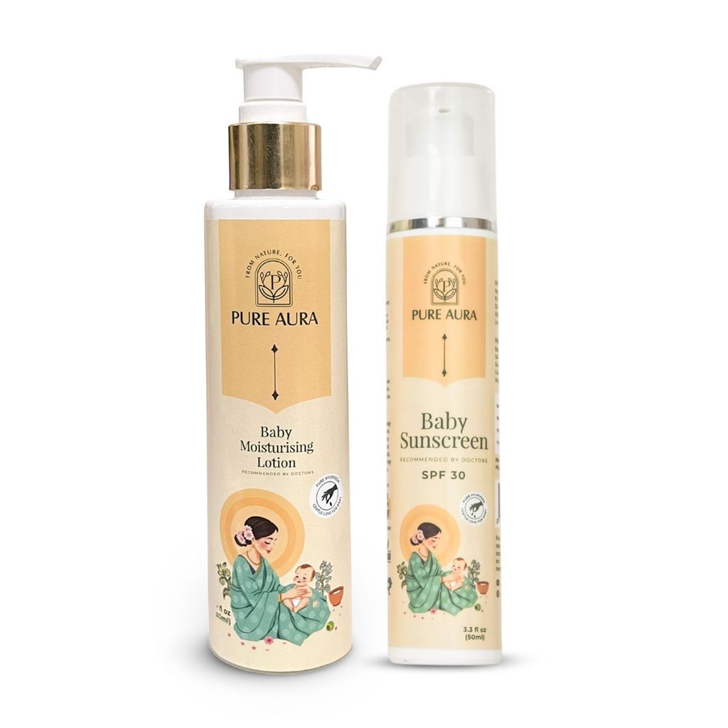 Pure Aura Baby’s Sunshine Shield Duo | Ayurvedic Baby Sunscreen SPF 30 & Baby Lotion | Natural Sun Protection & Calming Skincare for Delicate Skin