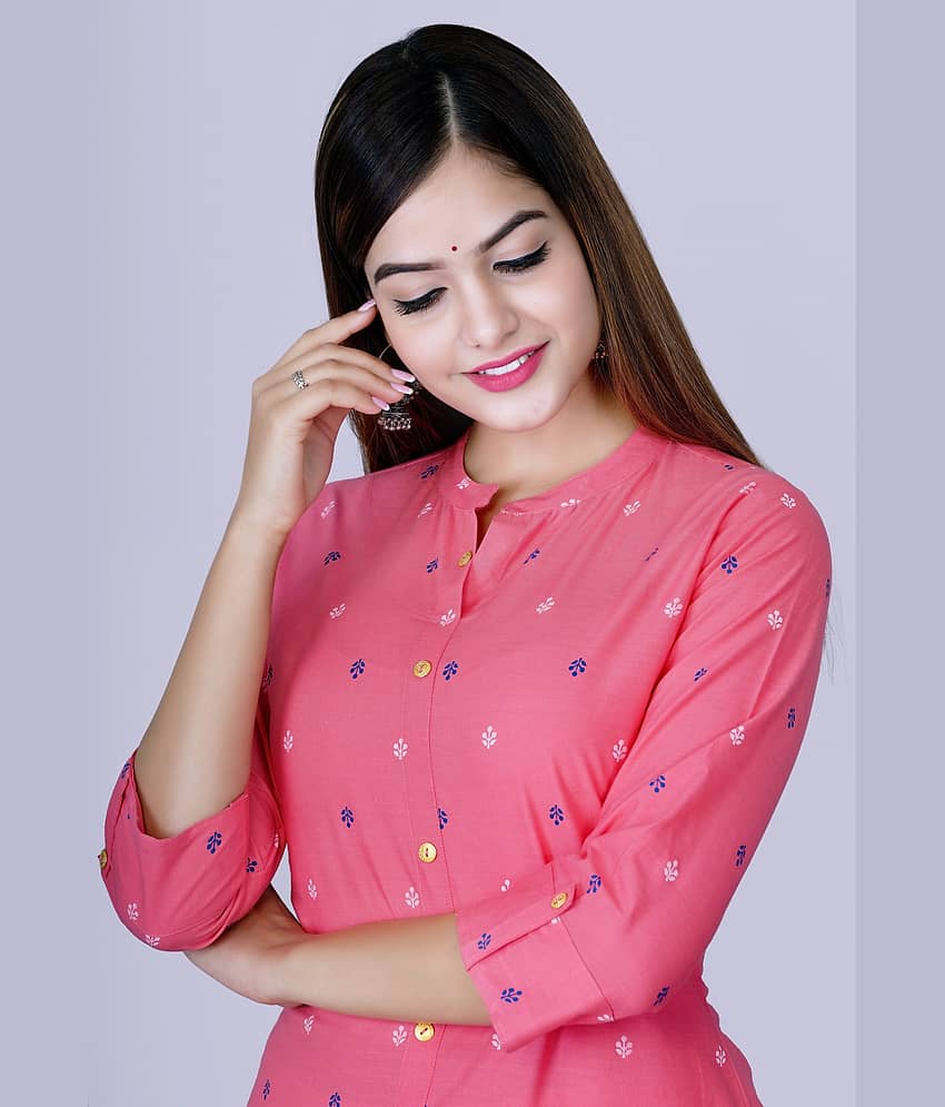 GlowWorld Cotton Printed Front Slit Women's Kurti - Pink ( Pack of 1 ) view 2