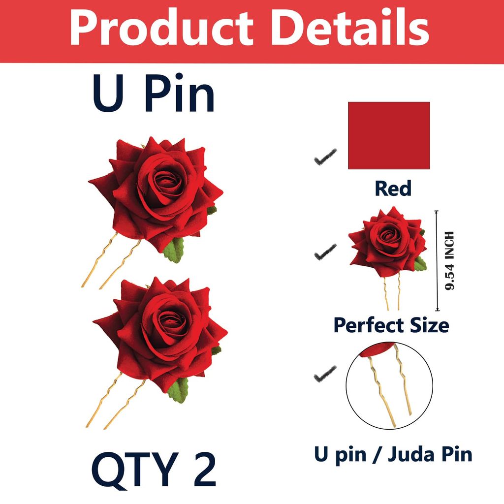 2pcs Stylish Red Rose Artificial Flowers Bun Juda U Pins view 2