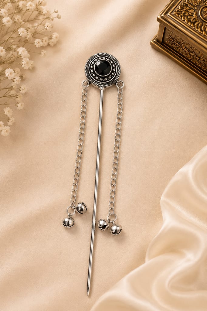 Handmade Oxidised Silver Elegant Silver Metal Hair Bun Pin with Double Loop Design view 2