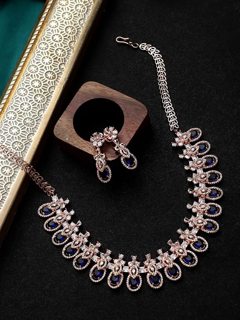 Cardinal American Diamond Rose Gold Plated Blue Stone Brass Necklace Set view 2