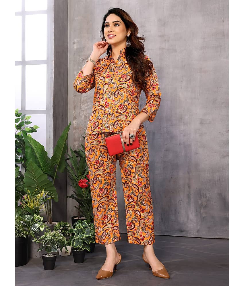 NightBlue Women Printed Sweatshirt With Palazzos Co-Ord Set ( Mustard )