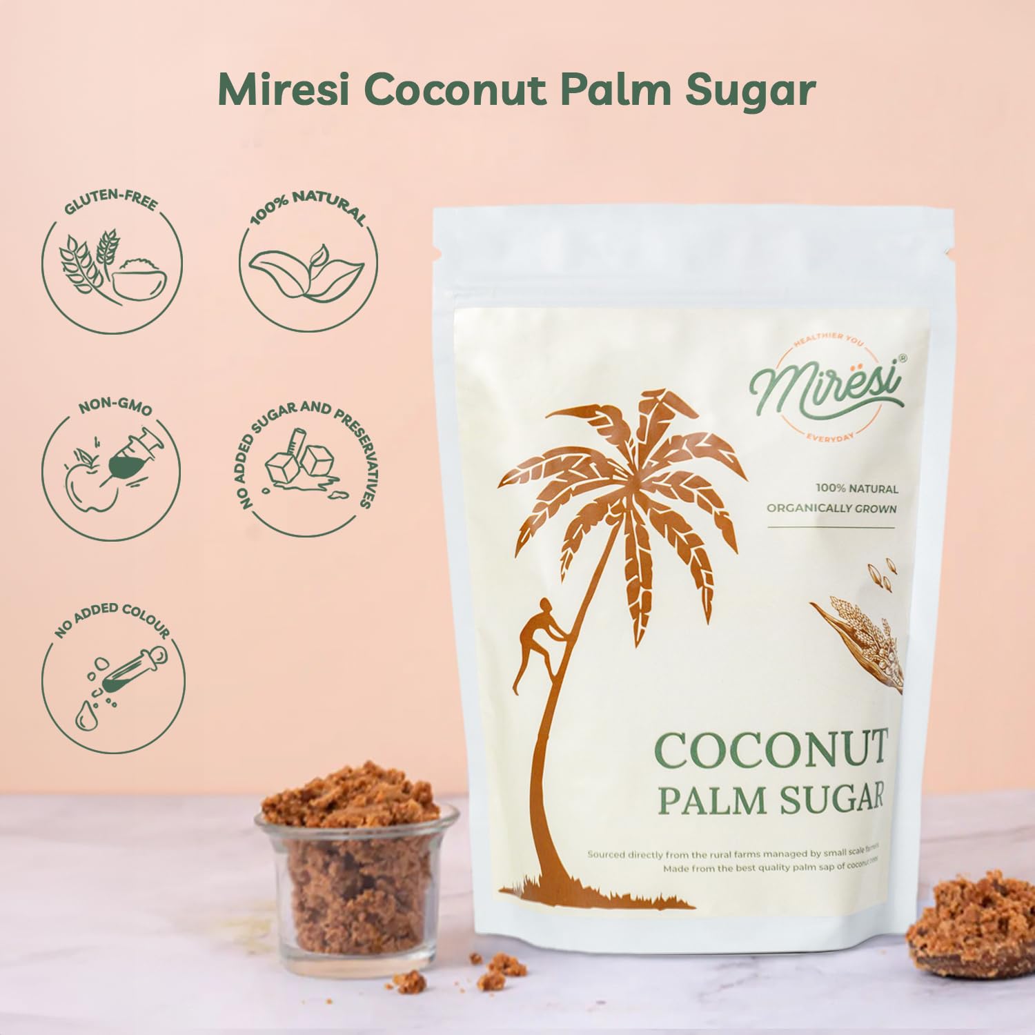 Miresi Natural & Organic Coconut Palm Sugar - 100% Pure, Unrefined, Traditional Sweetener, Sugar Alternative, No Preservatives, 350 gm view 2