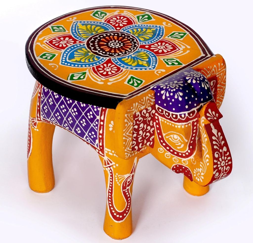 Vijay Art - Wooden Elephant Stool, Puja Stool and Planter Stand for Home Decor/Living Room/Bedroom/Kitchen/Balcony and Office Stool, Embossed Painted, Elephant Shape (Gold) view 2