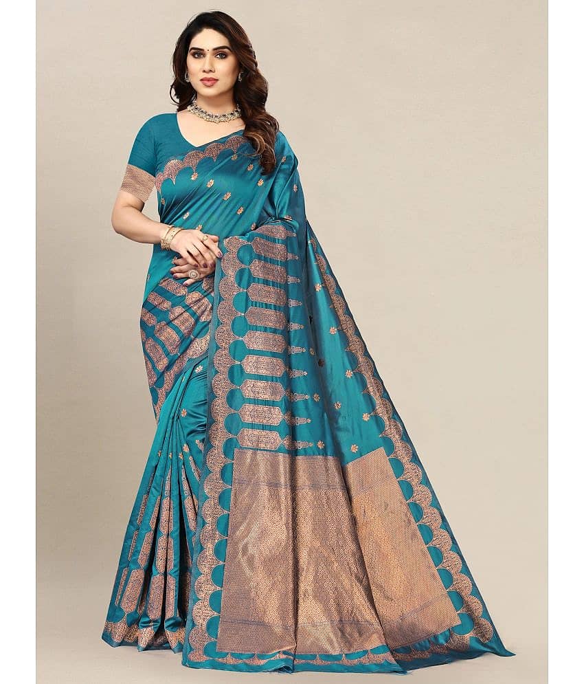 Om Shantam Sarees Banarasi Silk Embellished Saree With Unstitched Blouse Piece ( Green )