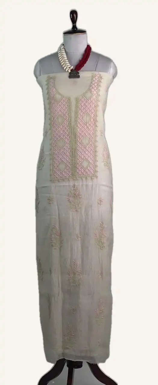 Chikankari Mul Chanderi Dress Material Pink Green Jaali Yoke view 2