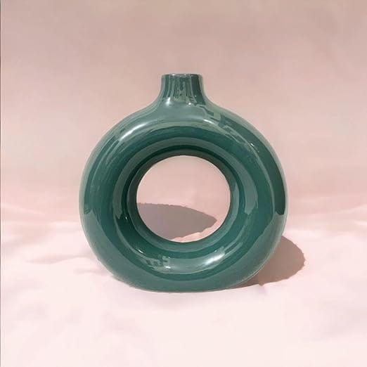 STOREPEDIA - Flower Vase, Pampas Grass Ceramic Vase Round Shaped Vase Showpiece Donut Mould Flower Vases Big Size Ceramic Vase for Living Room, Corner, Bedroom, Office Pack of 1 (Green Vase) view 2