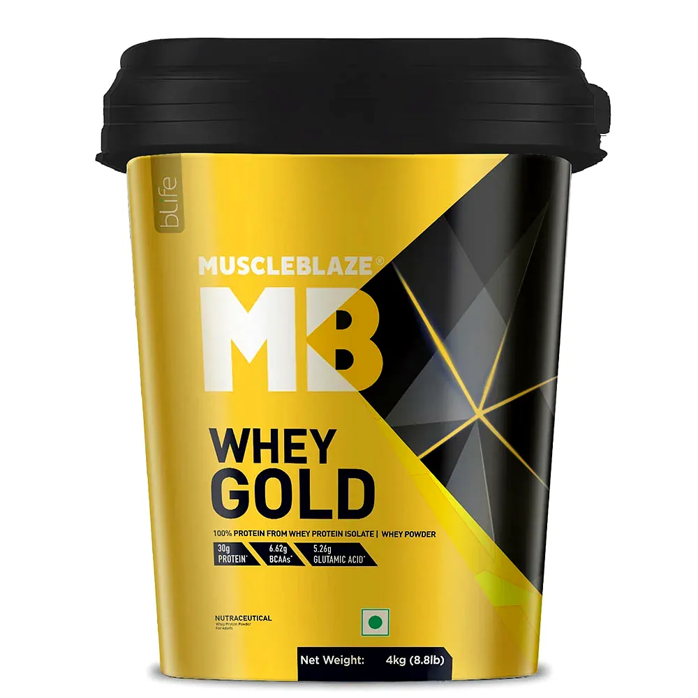 MuscleBlaze Whey Gold Protein Isolate with Digezyme (Flavour - RICH MILK CHOCOLATE, Size - 8.8 Lbs) by Total Sporting And Fitness Solutions Pvt Ltd
