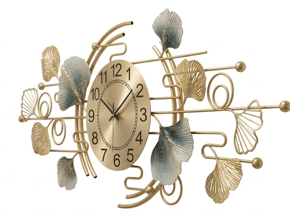 Royal Ginkgo Horizontal Wall Clock – Handcrafted Botanical Metal Art in Azure & Gold view 2