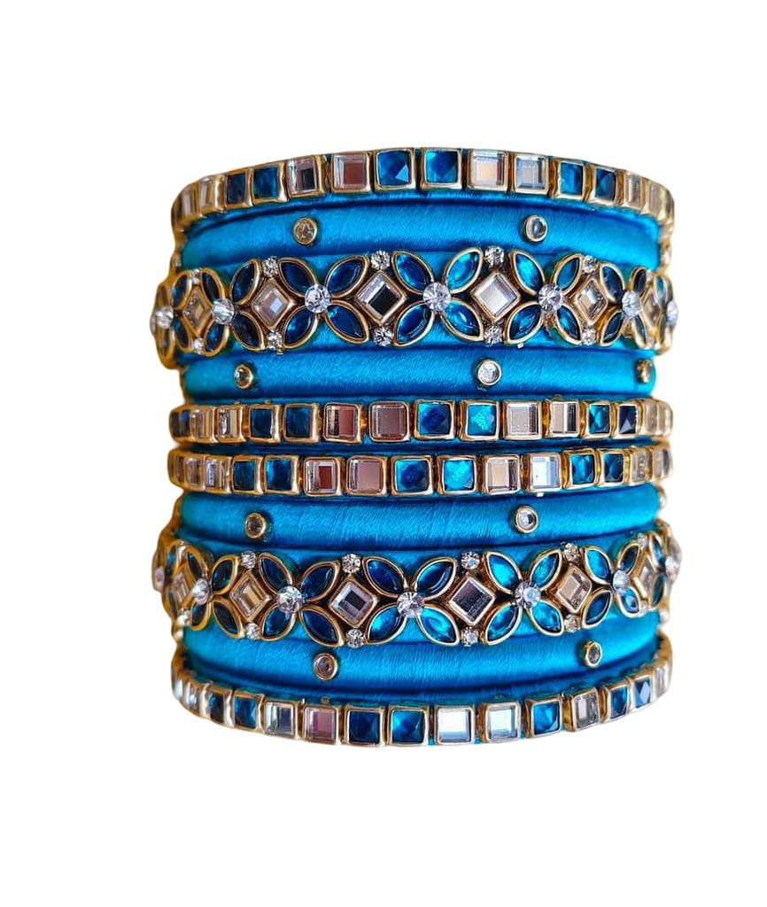 Royal Blue Designer Bangles with Mirror Work & Floral Accents view 2